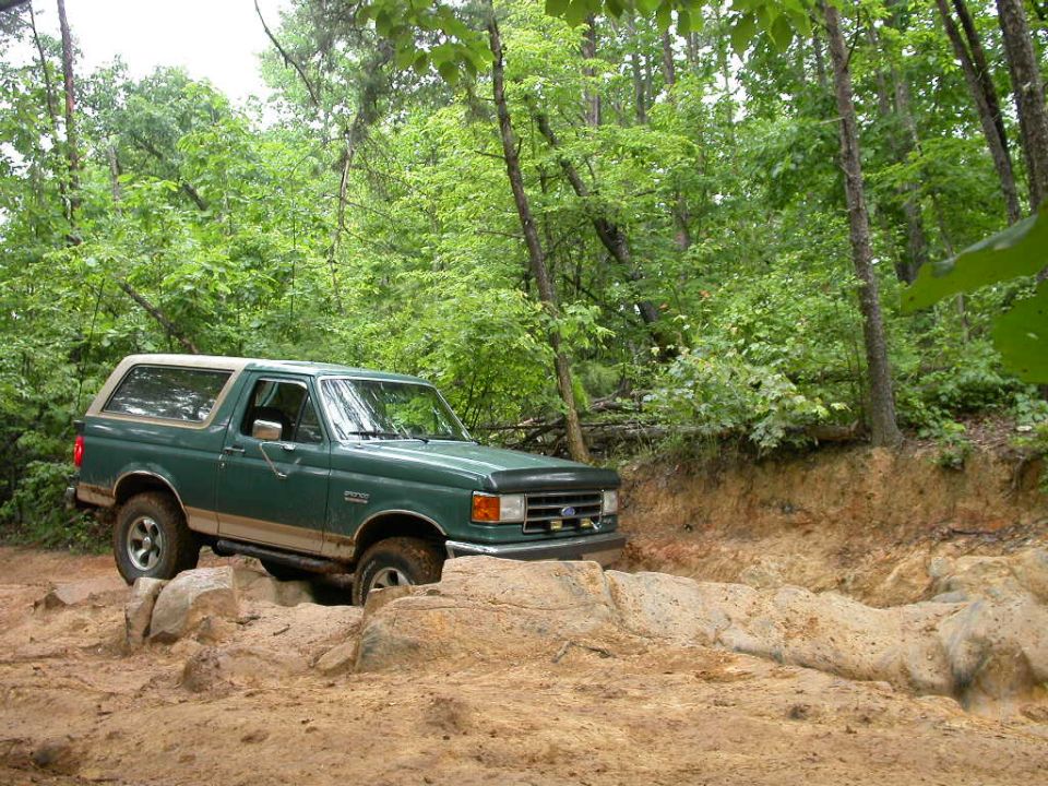 Green and tan Ford Bronco climbing a dirt and rock trail in green woods