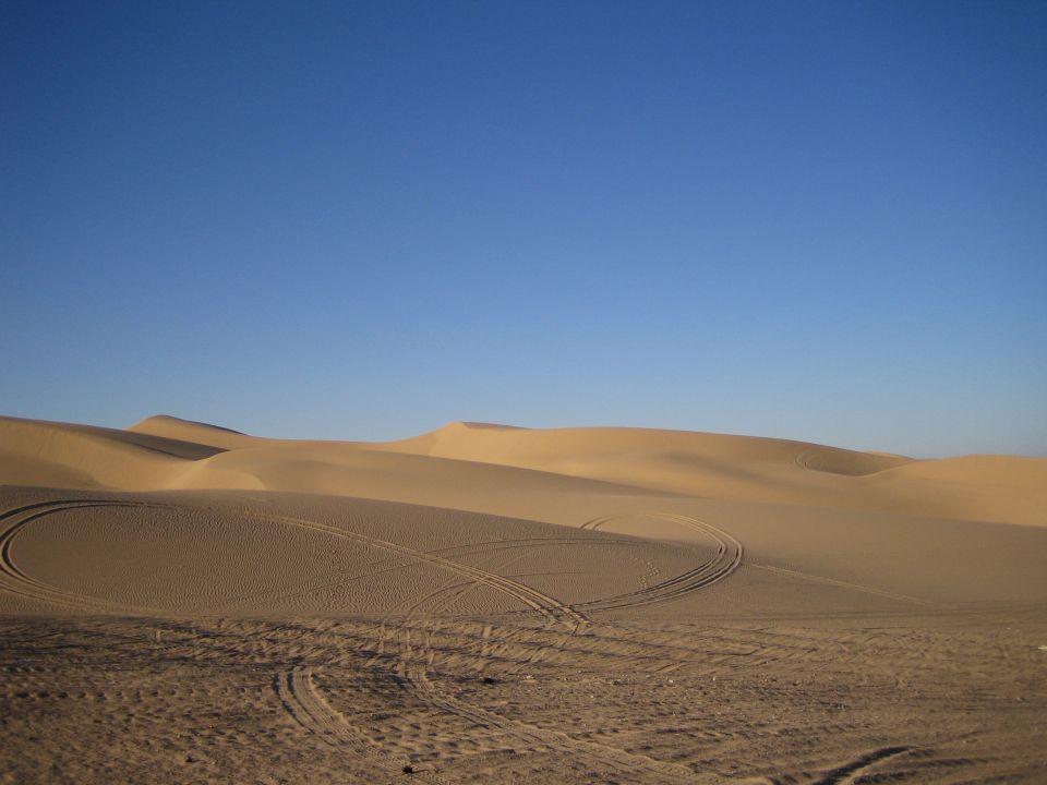 Tire tracks curve across sand dunes under a clear blue sky