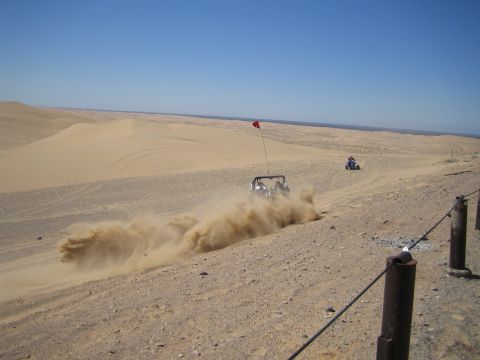 1968 Ford Mustang - An off-road vehicle navigates a sandy dune, creating a plume of dust, with another ATV visible in the background under a clear blue sky.