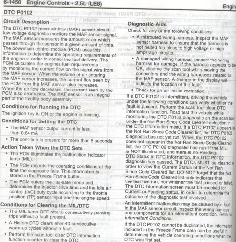 1992 Ford Bronco - GM engine-controls diagnostic for DTC P0102 (MAF sensor circuit low voltage) on the 2.5L LE8: sets when MAF output current is under 0.64 mA…