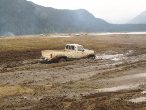 1985 Ford F-150 - A beige pickup truck is stuck in a muddy field with mountains in the background.