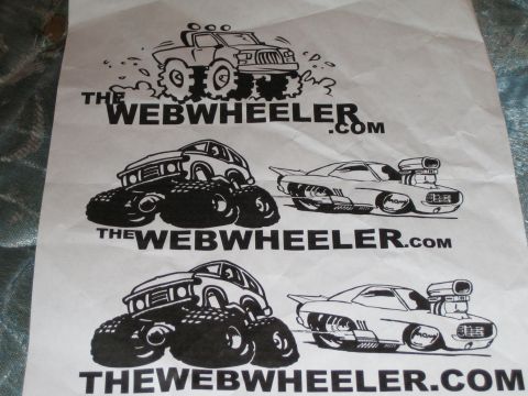 1990 Ford Bronco - wrinkled paper sheet shows three cartoon logo designs of a monster truck and a blown hot rod for THEWEBWHEELER.com.