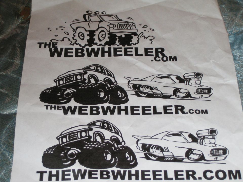 Printed flyer with three black-and-white cartoon truck and hot-rod logos reading THEWEBWHEELER.com