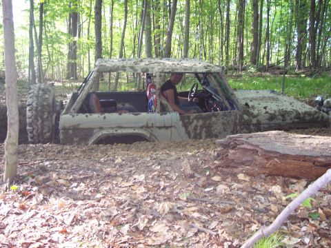 1974 Ford Bronco - Muddy 1974 Ford Bronco submerged in dirt and foliage during an off-road excursion.