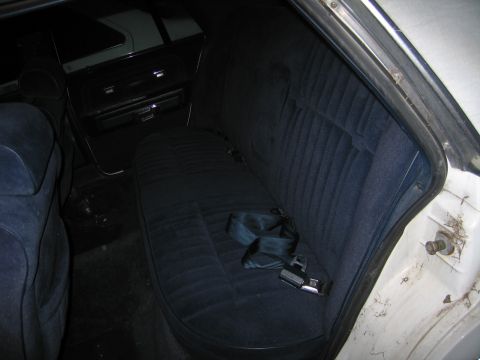 1991 Ford LTD Crown Victoria - The interior of a car shows the back seat and door panel, with a seatbelt buckled.