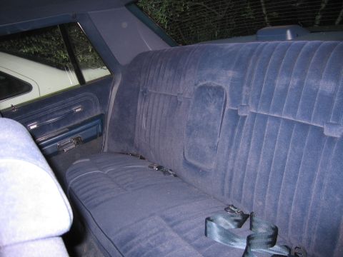 1991 Ford LTD Crown Victoria - Interior view of a car's rear seat and door panel, with another vehicle seen outside.