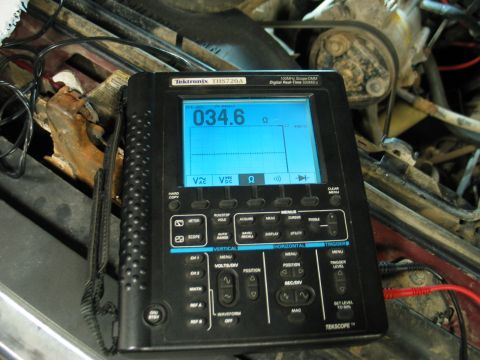 1995 Ford Bronco - Using a Tektronix oscilloscope to measure resistance within a vehicle's engine compartment.
