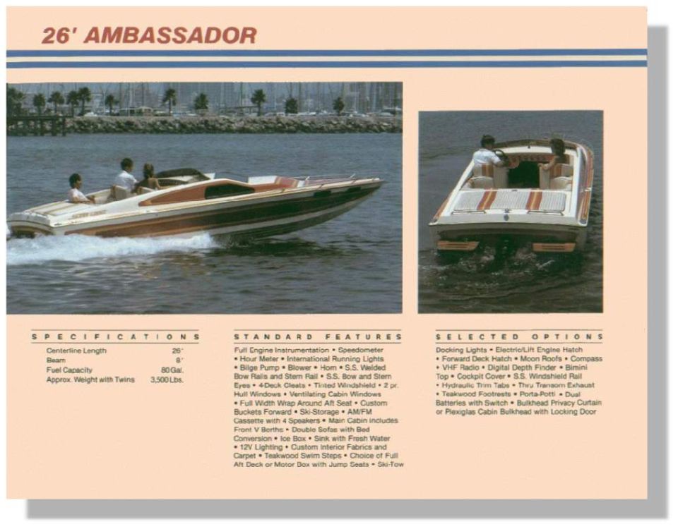 Brochure page for 26 foot Ambassador powerboat with specs and features