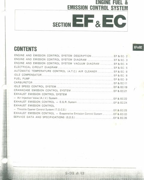1990 Nissan Micra - Table of contents lists various engine emission control system topics and their corresponding page numbers.