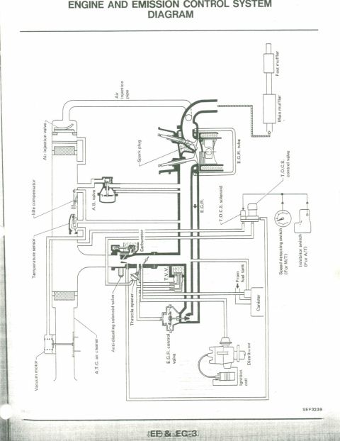 1990 Nissan Micra - This diagram illustrates the engine and emission control system, detailing its various interconnected parts and functions.