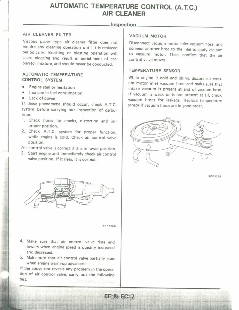 Nissan Automatic Temperature Control (A.T.C.) air cleaner inspection page, EF & EC manual