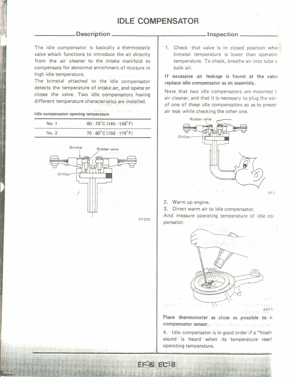 Service manual page on idle compensator with diagrams and temperature spec table