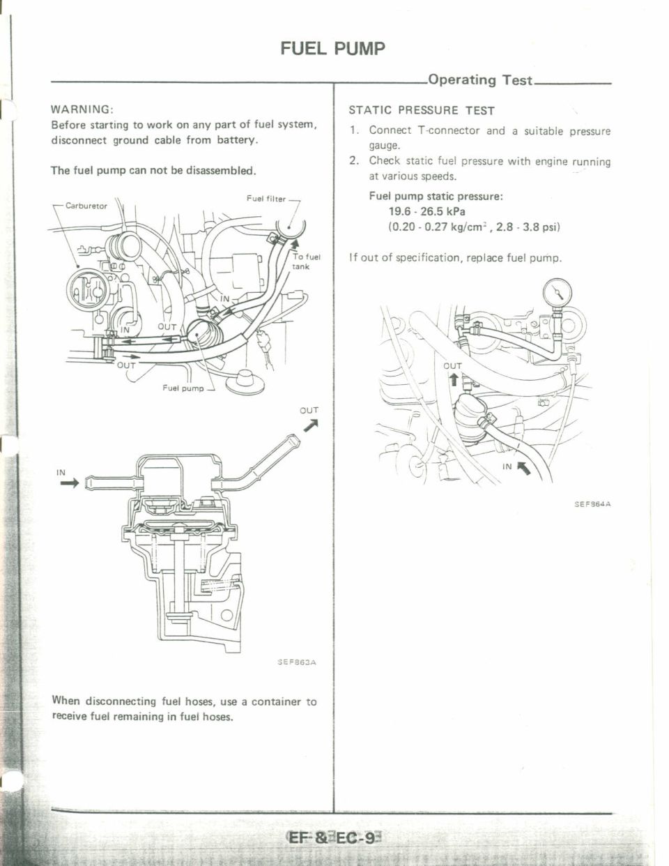 Fuel pump operating and static pressure test procedure with hose and gauge figures