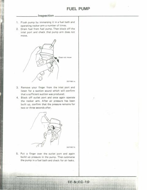 1990 Nissan Micra - This document provides instructions for inspecting a fuel pump, detailing steps for checking its operation and for leaks.