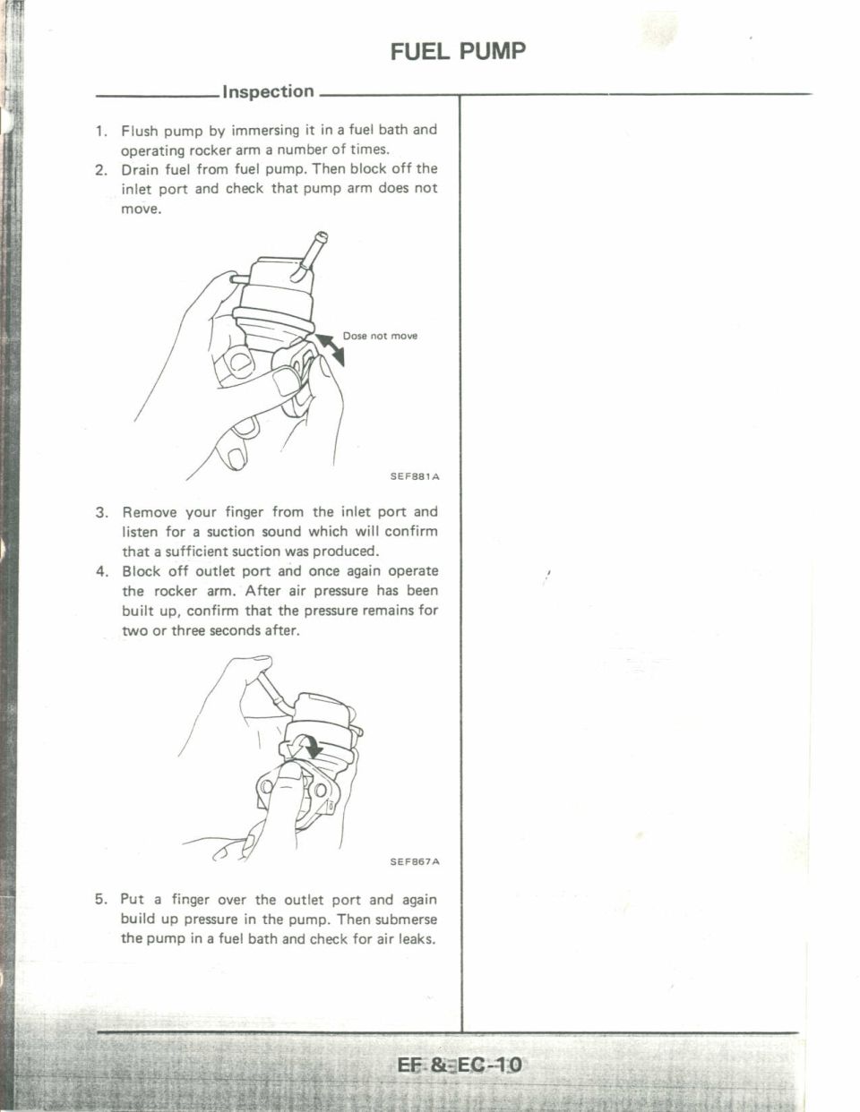 Fuel pump inspection procedure with suction and air-leak test steps and figures