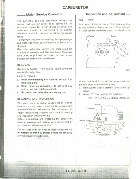 1990 Nissan Micra - This document provides instructions for carburetor maintenance, including cleaning and fuel level adjustment procedures.