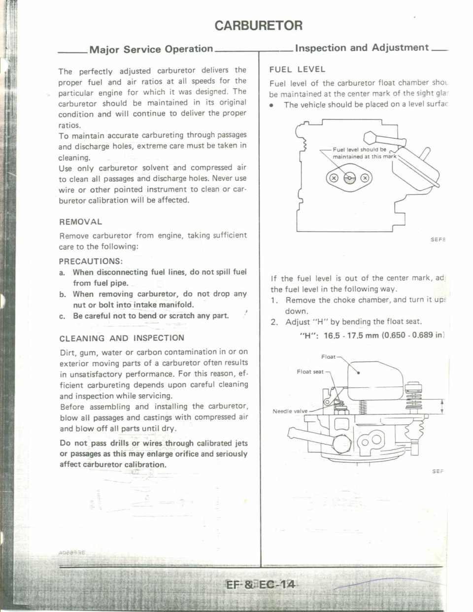 Carburetor service manual page with float level diagrams and text