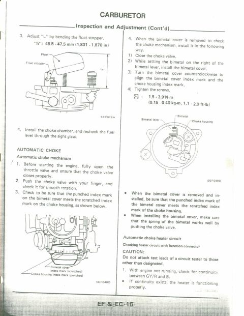 1990 Nissan Micra - This document provides instructions and diagrams for carburetor inspection and adjustment, including automatic choke mechanisms.