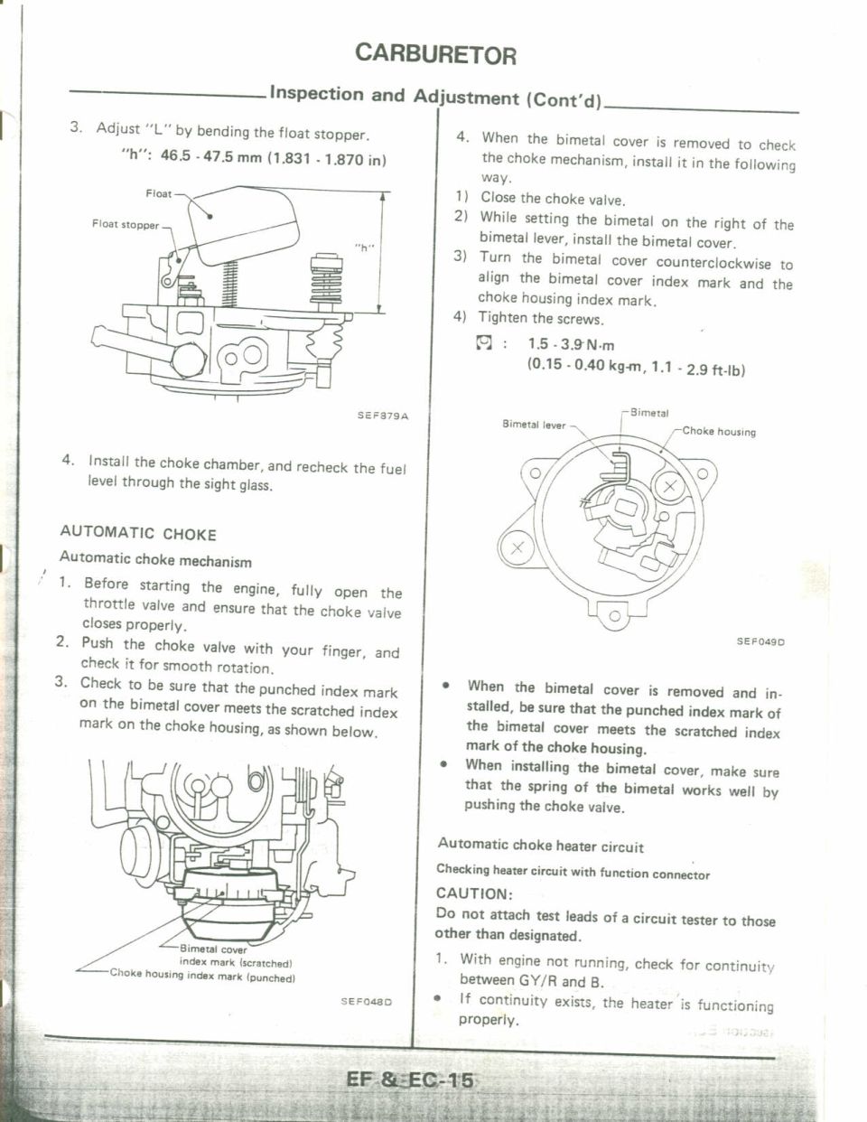 Carburetor service manual page with float and automatic choke adjustment diagrams
