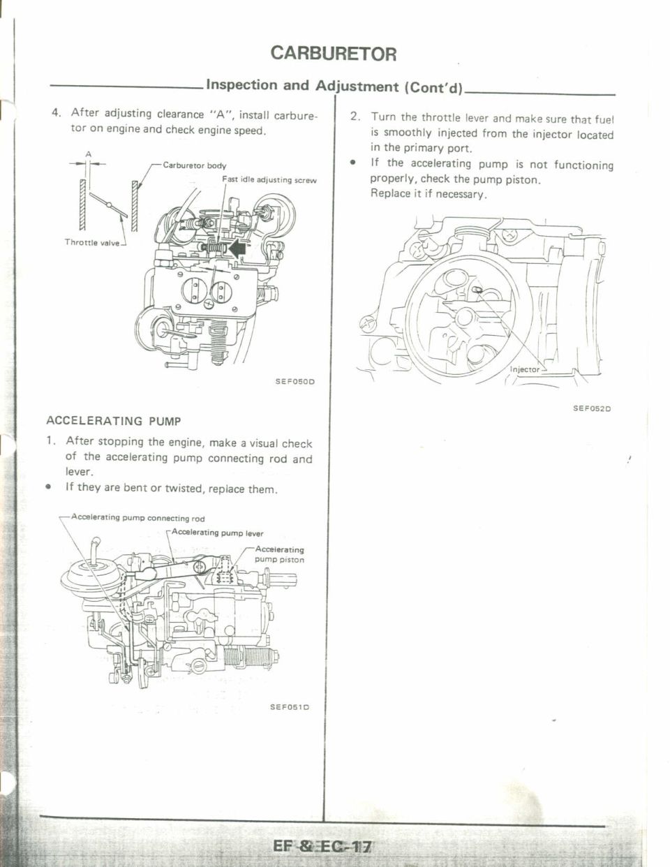 Carburetor inspection and adjustment procedure with accelerating pump check figures