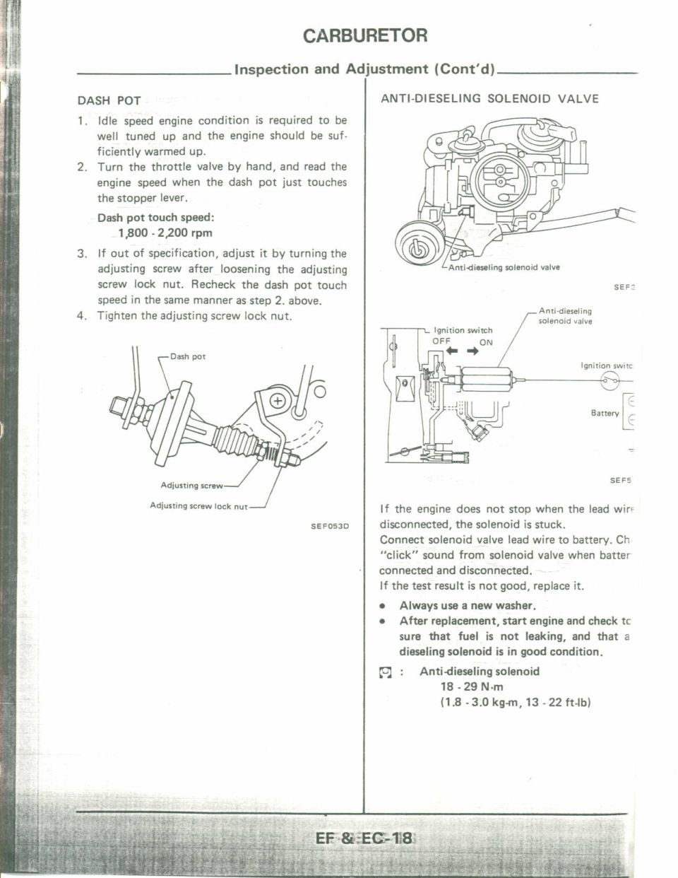 Carburetor dash pot and anti-dieseling solenoid valve inspection and adjustment procedure