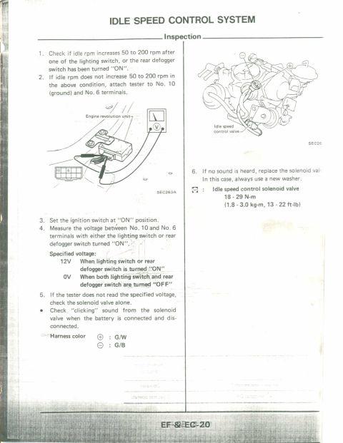 1990 Nissan Micra - This diagram details the inspection process for an idle speed control system, including voltage checks and component specifications.
