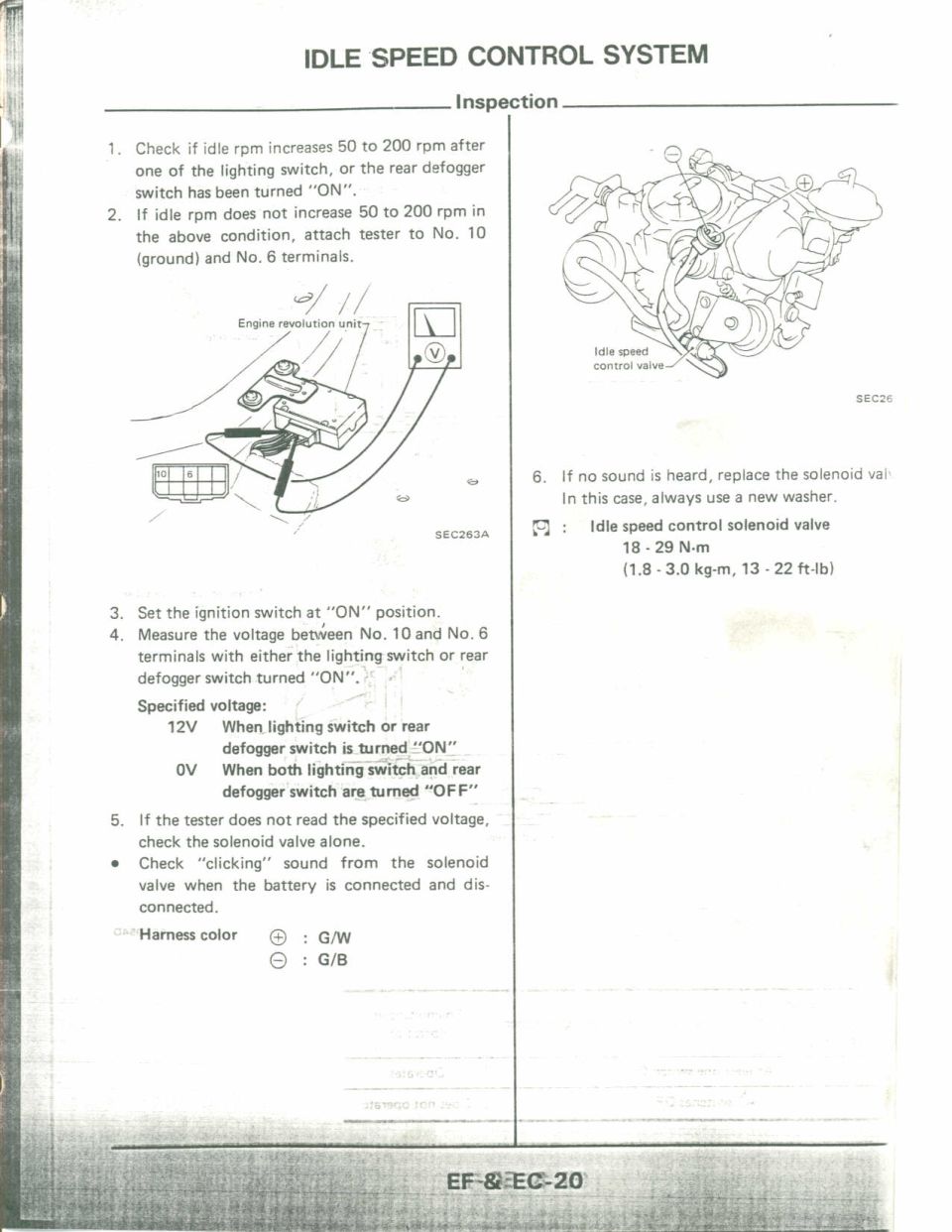 Idle Speed Control System inspection with solenoid valve voltage and torque, Nissan EF & EC