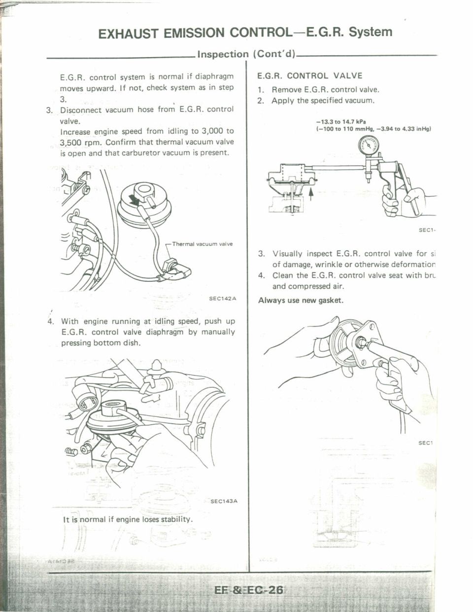 E.G.R. control valve inspection with applied-vacuum spec, Nissan EF & EC manual