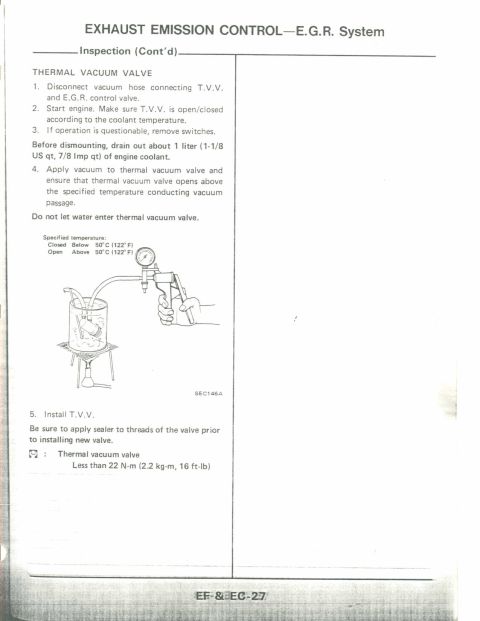 1990 Nissan Micra - This document details the inspection and testing procedures for the thermal vacuum valve within the exhaust emission control system.