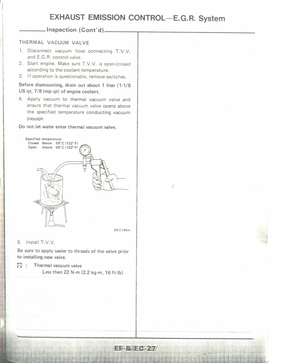 Thermal vacuum valve inspection and torque spec, Nissan EF & EC EGR system manual
