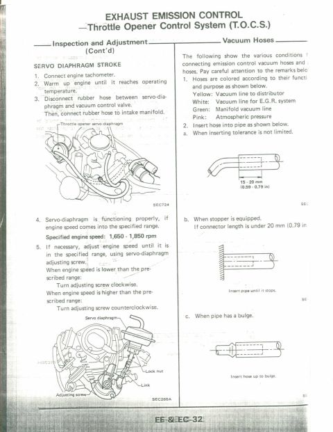 1990 Nissan Micra - Technical diagrams detail exhaust emission control system adjustments and vacuum hose configurations.