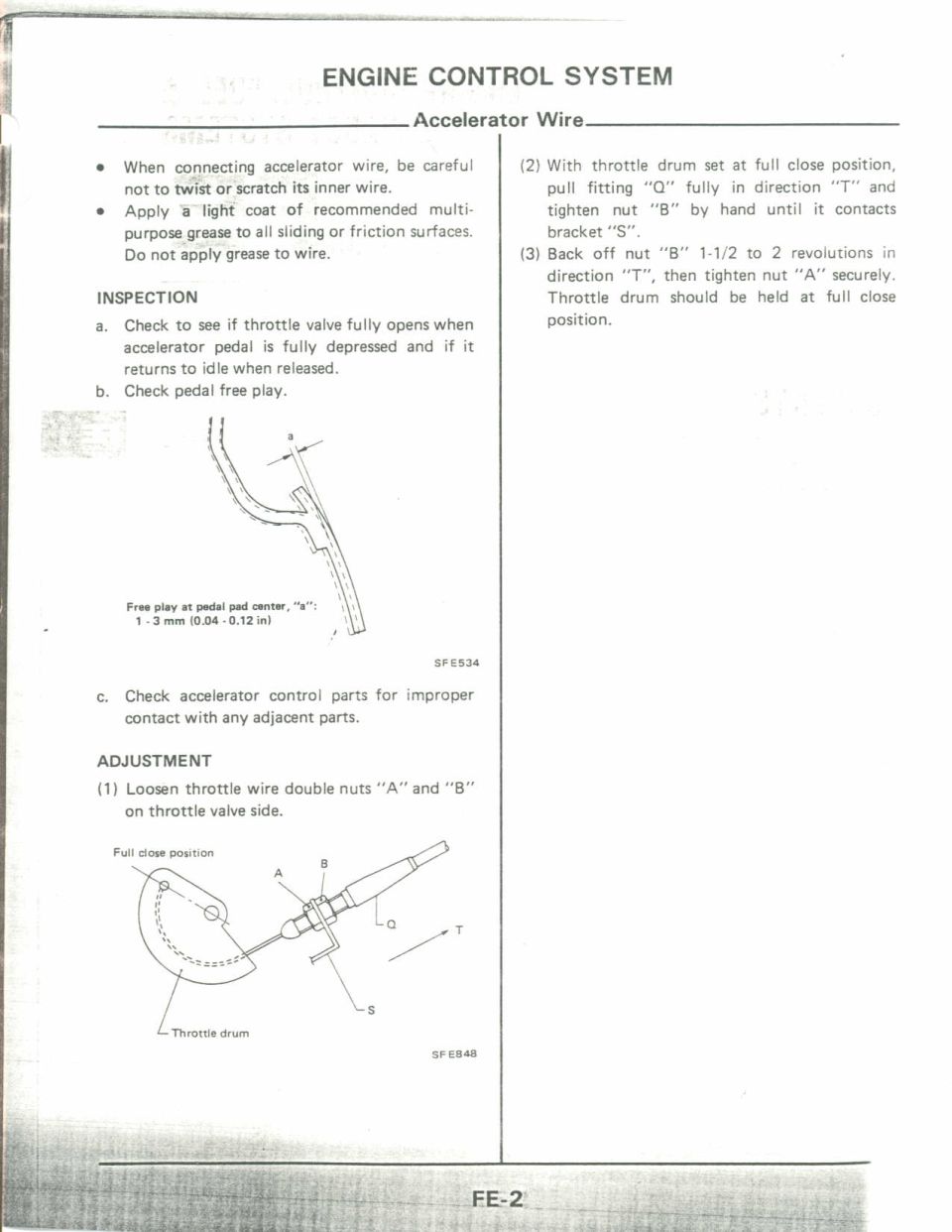 Service manual page on accelerator wire inspection and adjustment with two diagrams.