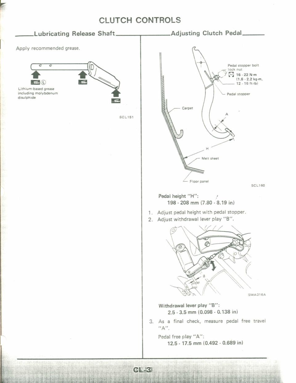 Clutch controls service manual page with pedal adjustment diagrams and specs