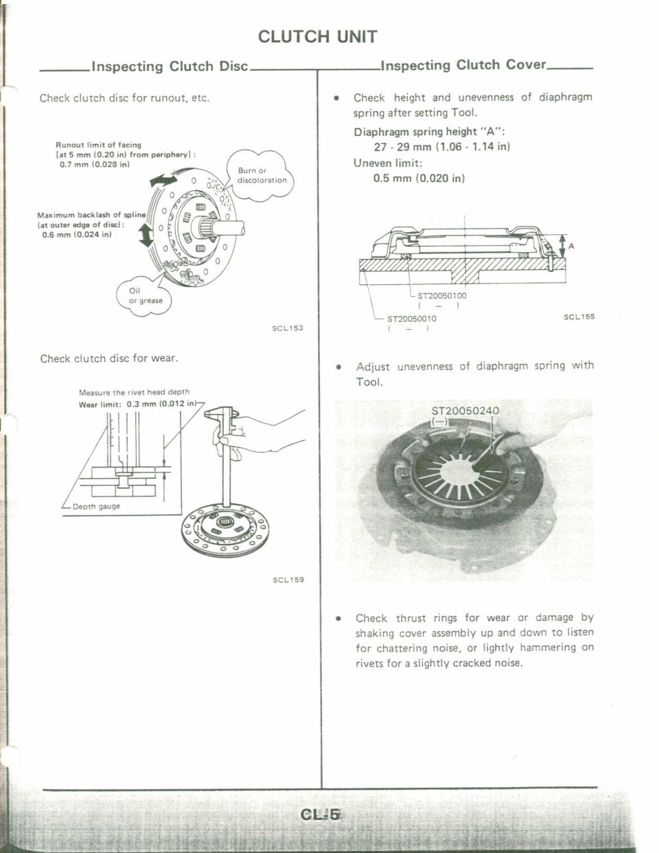 Clutch unit service manual page with clutch disc and cover inspection diagrams