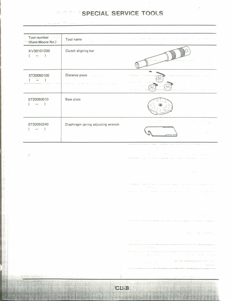 Service manual page listing special clutch service tools with drawings, page CL-8
