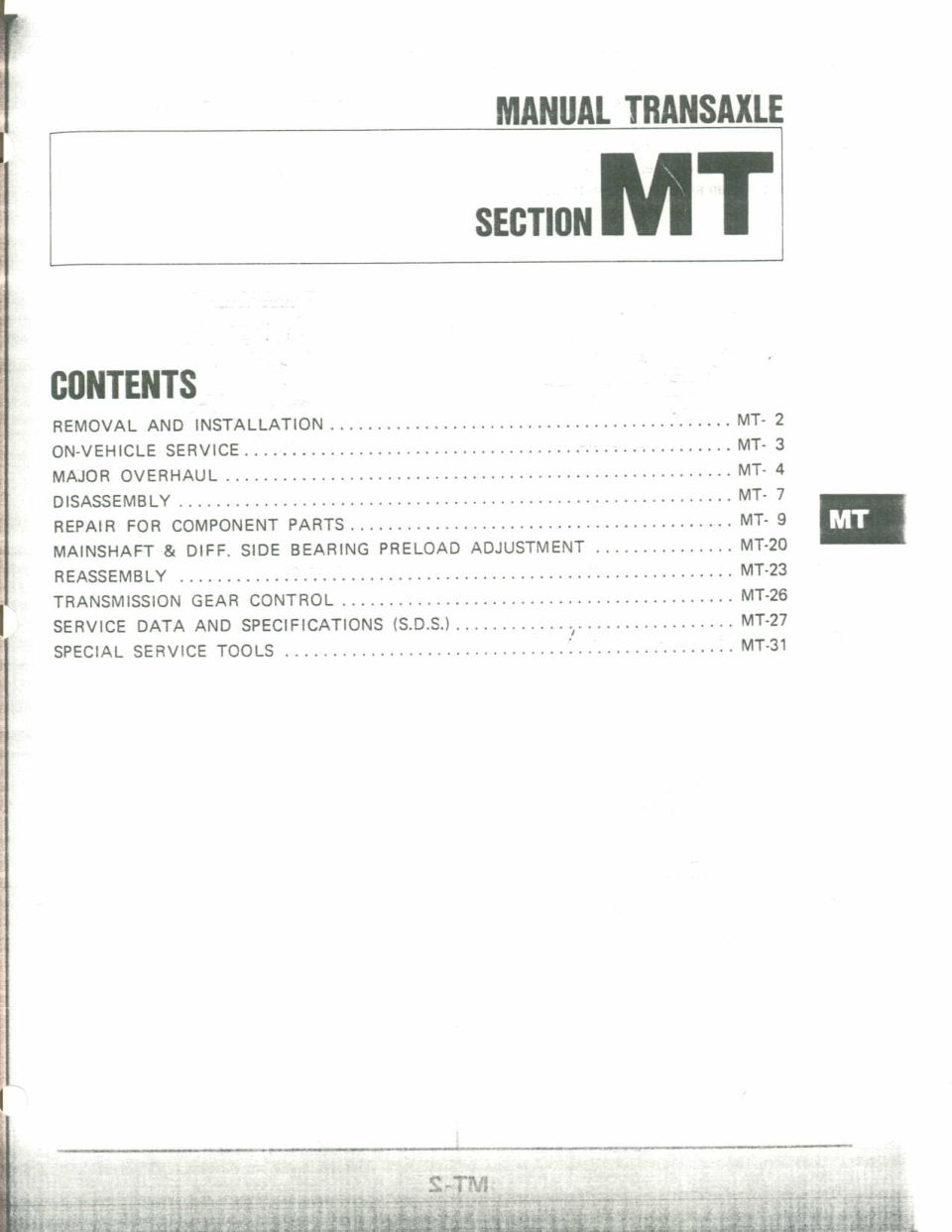 Service manual Section MT Manual Transaxle contents page