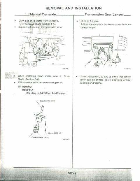 1990 Nissan Micra - Service manual pages detail transaxle removal and transmission gear control adjustments with diagrams and text.