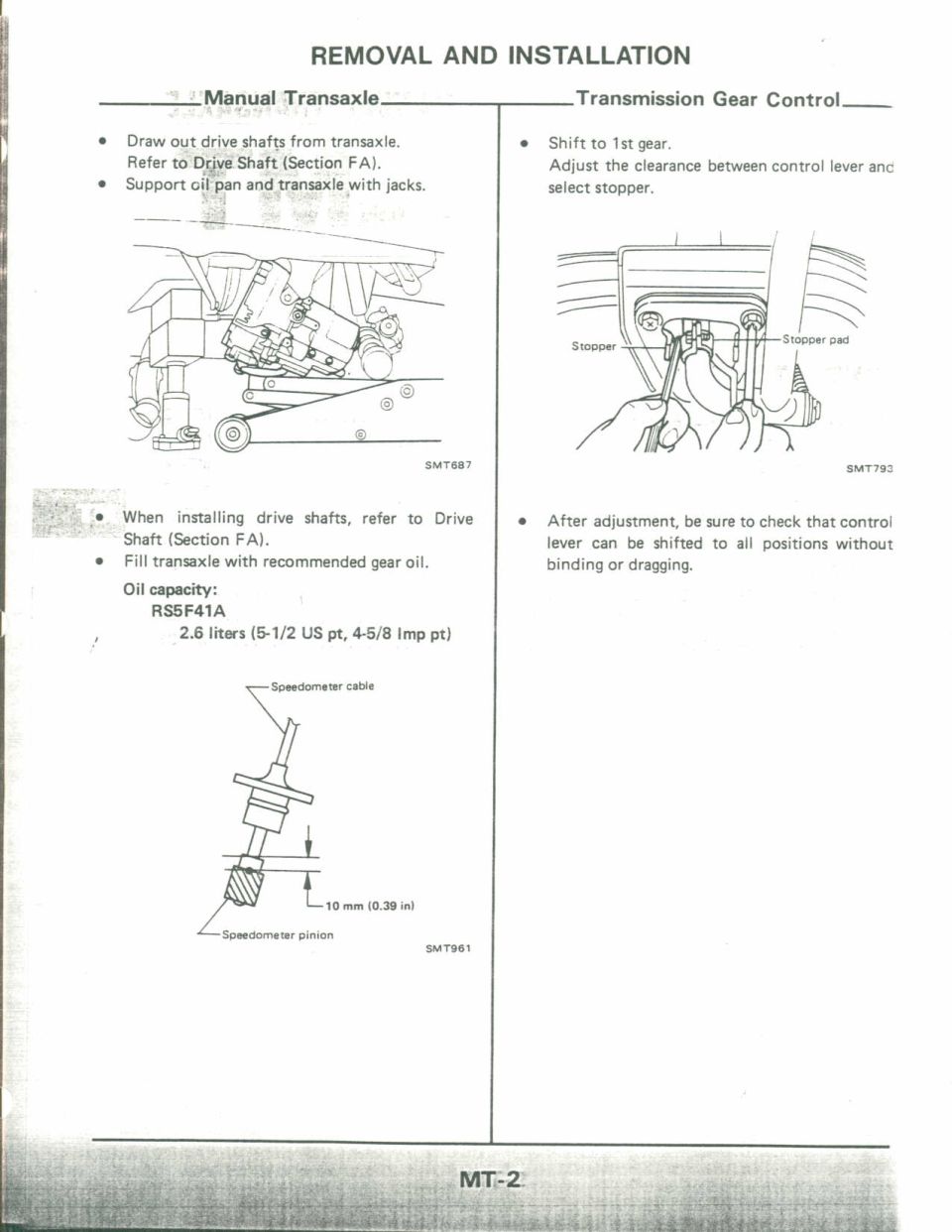 Nissan service manual page MT-2 with transaxle and gear control diagrams