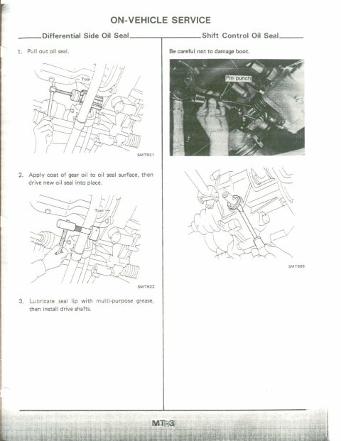 1990 Nissan Micra - This document details on-vehicle service procedures for differential and shift control oil seals, including diagrams and step-by-step instr…