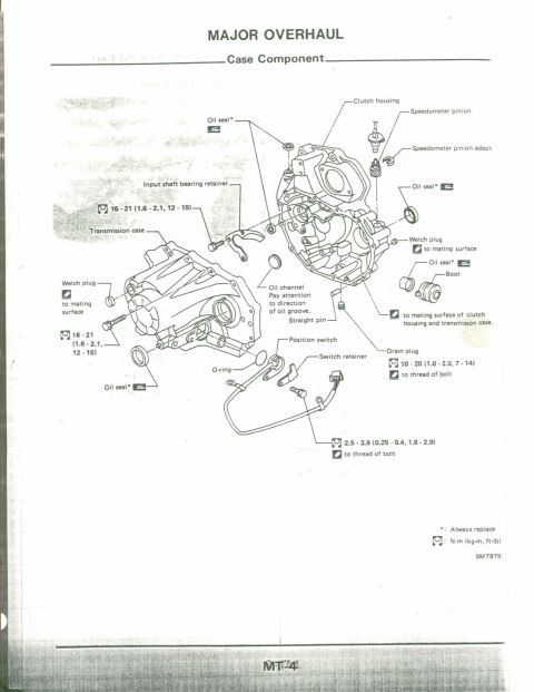 1990 Nissan Micra - Diagram illustrates the case component for a major transmission overhaul, detailing various parts and assembly instructions.