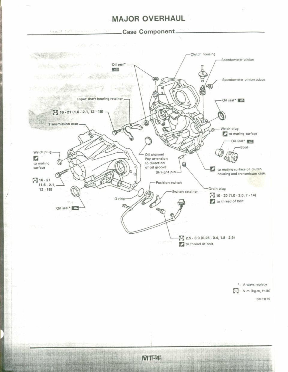 Exploded view of transmission case components with clutch housing, seals, and plugs