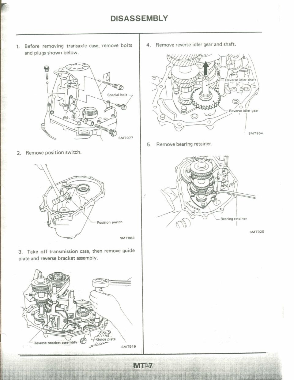 Manual transaxle disassembly steps with figures: removing case bolts, position switch, reverse idler gear, bearing retainer
