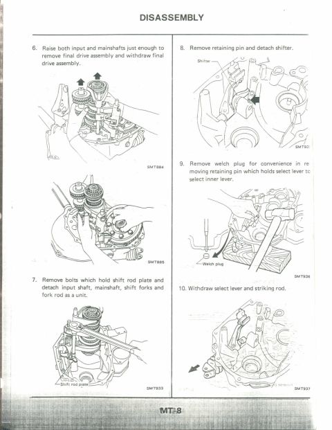 1990 Nissan Micra - Service manual pages detail the disassembly process for a vehicle transmission with numbered steps.