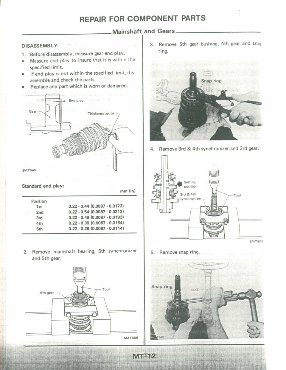 Transmission mainshaft and gears disassembly manual page MT-12 with diagrams and specs