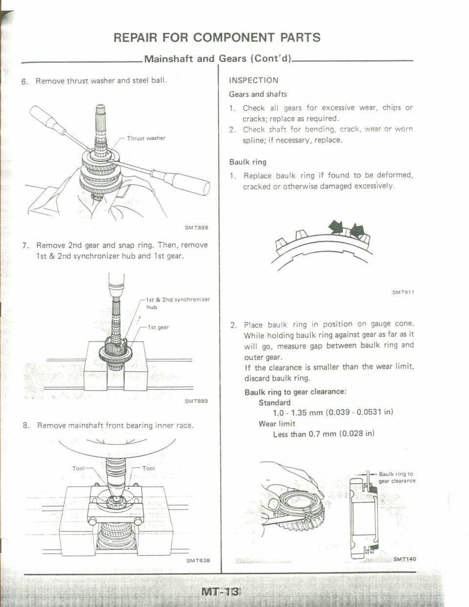 Service manual page on transmission mainshaft and gears repair, MT-13