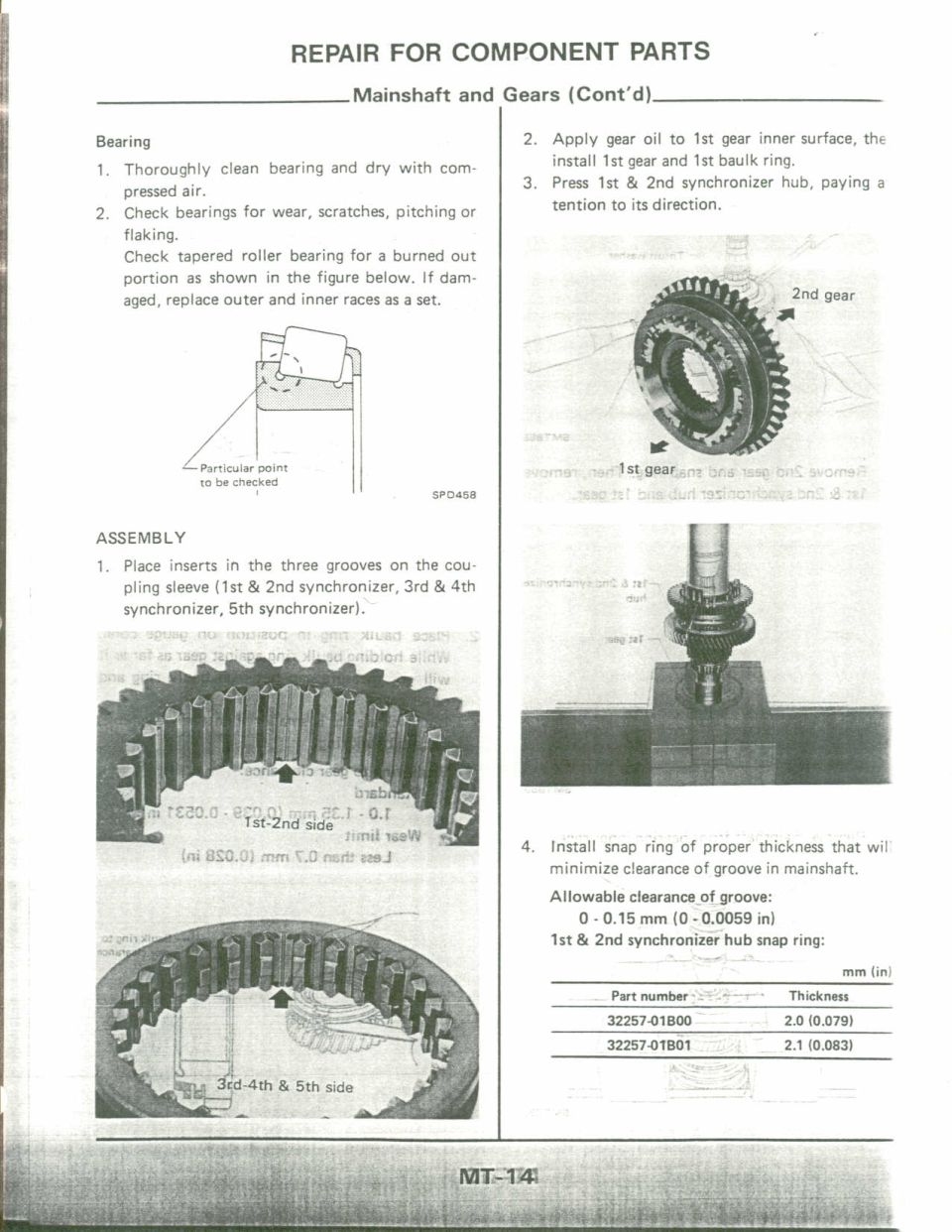 Manual page showing mainshaft and gear repair with synchronizer assembly and snap ring specs