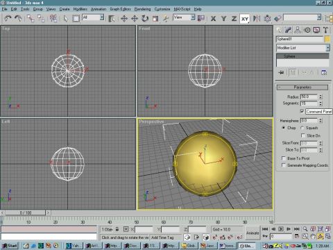 1993 Ford Probe - Screenshot of 3D modeling software displaying a wireframe sphere and its parameters.
