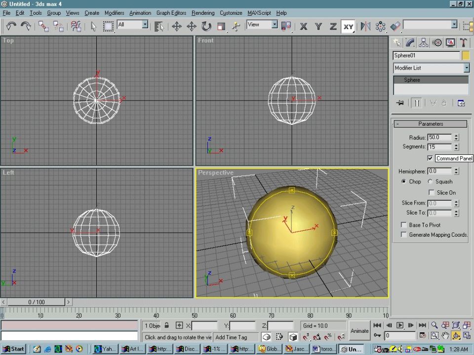 3D modeling software showing a sphere in perspective view