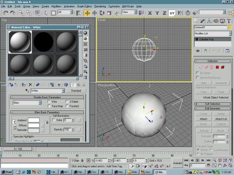 1993 Ford Probe - Screenshot of 3D modeling software showing a sphere in the perspective viewport and front views, with material properties visible.