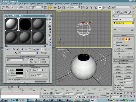 1993 Ford Probe - Screenshot of 3ds Max 4 modeling software, displaying a 3D eye model and material properties.